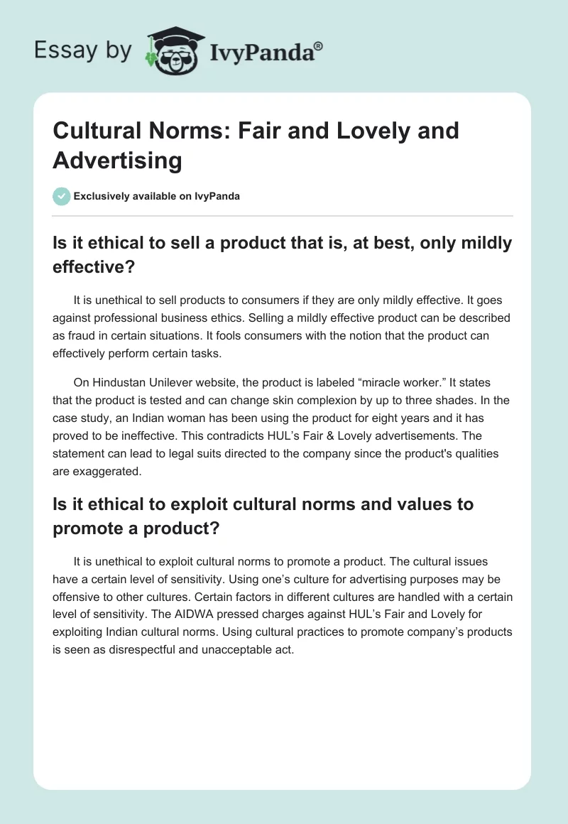 Cultural Norms: Fair and Lovely and Advertising. Page 1