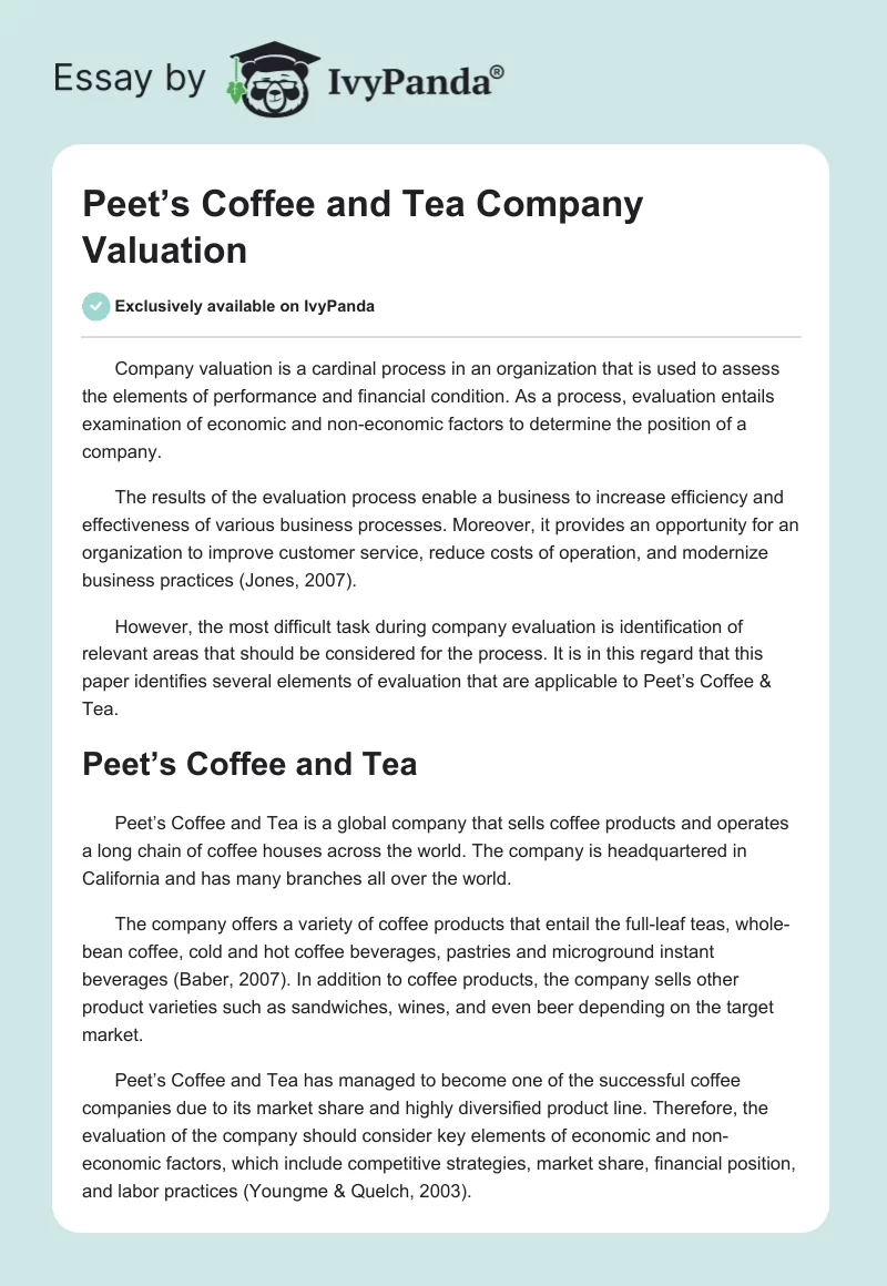 Peet’s Coffee and Tea Company Valuation. Page 1