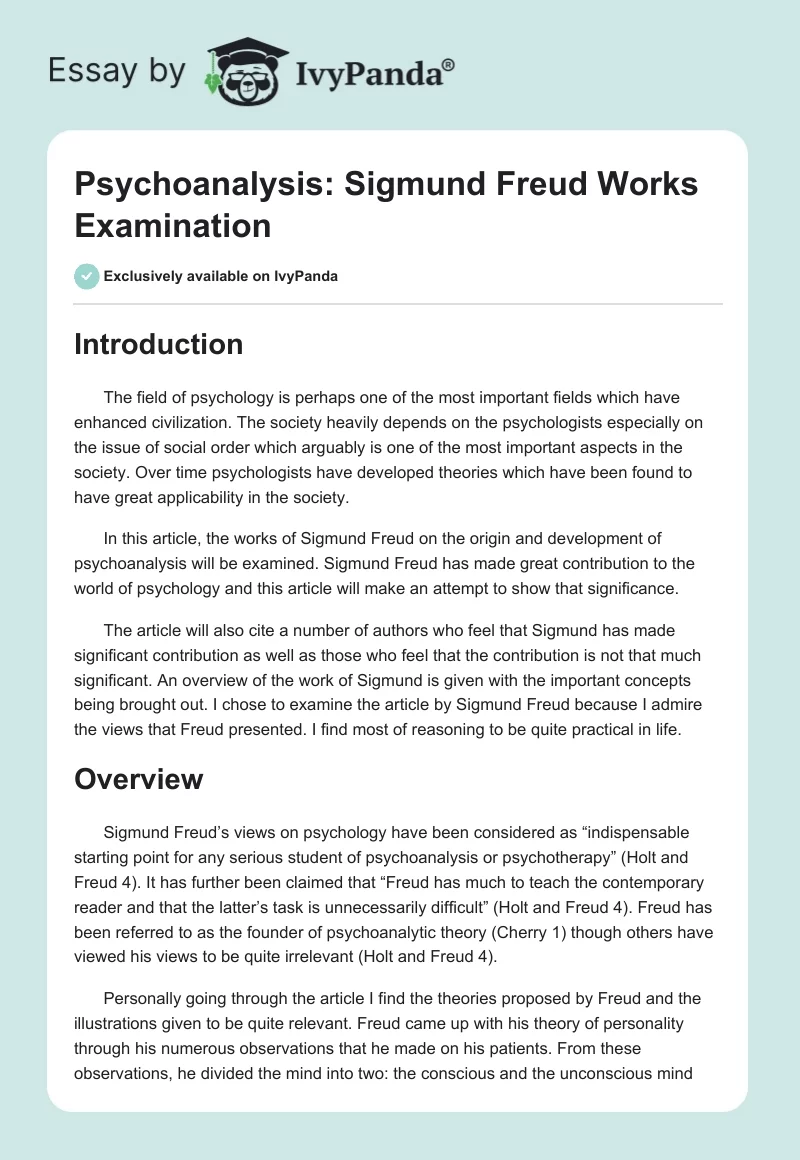 Psychoanalysis: Sigmund Freud Works Examination. Page 1