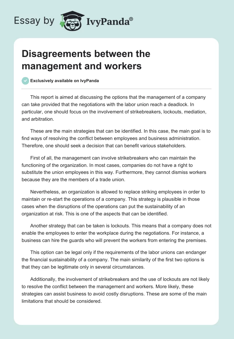 Disagreements between the management and workers. Page 1