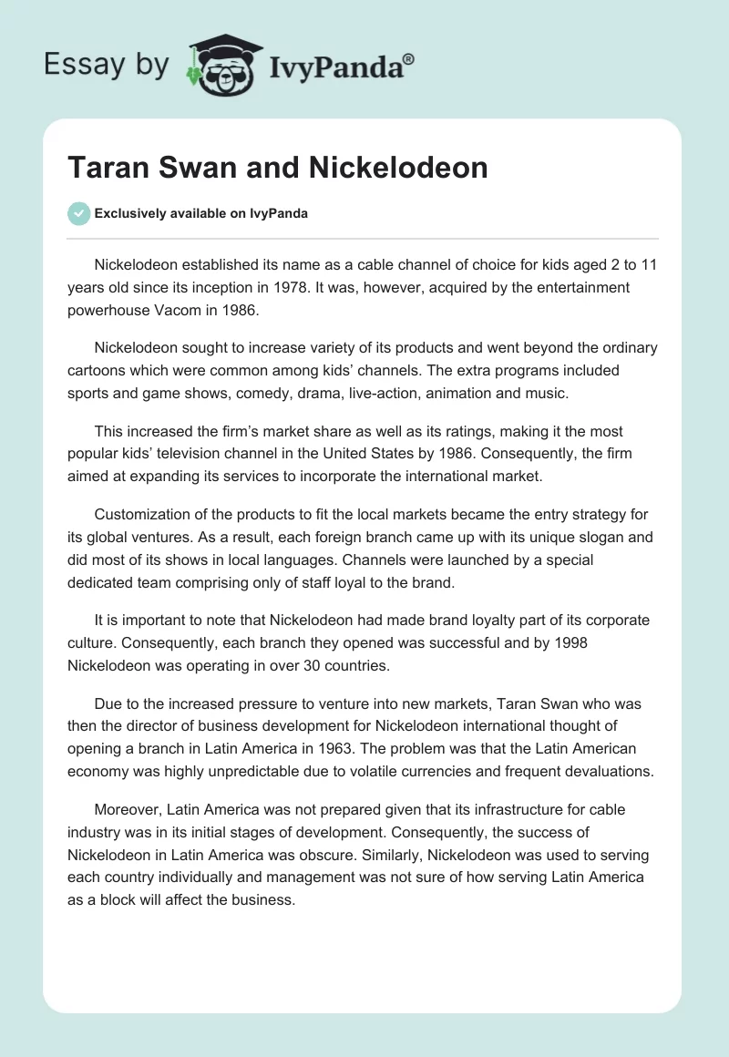Taran Swan and Nickelodeon. Page 1