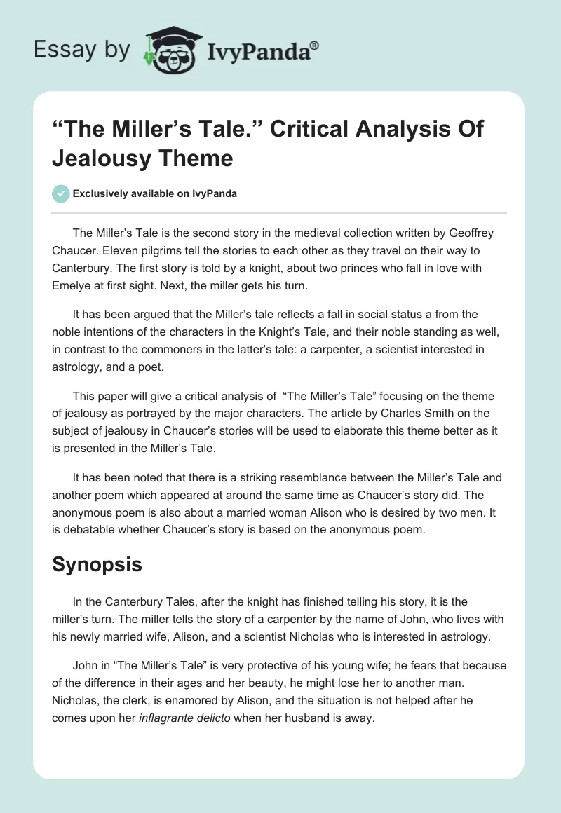 “The Miller’s Tale.” Critical Analysis of Jealousy Theme. Page 1