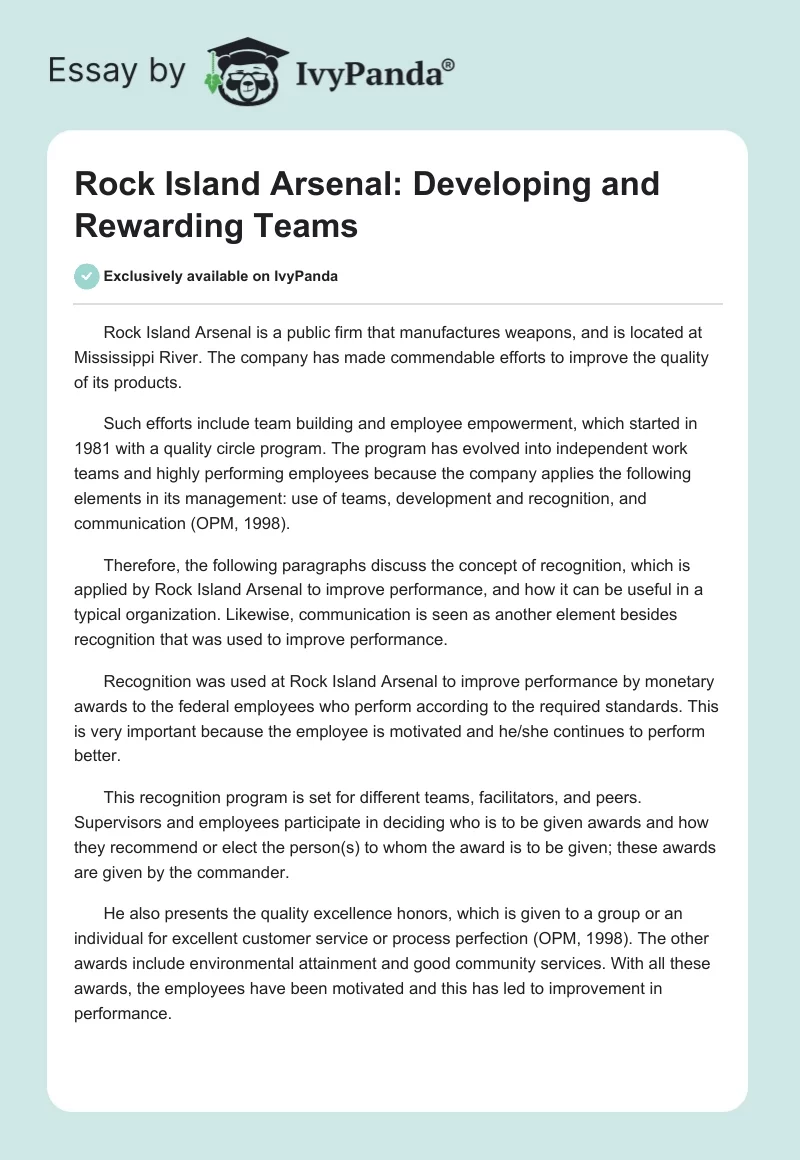 Rock Island Arsenal: Developing and Rewarding Teams. Page 1