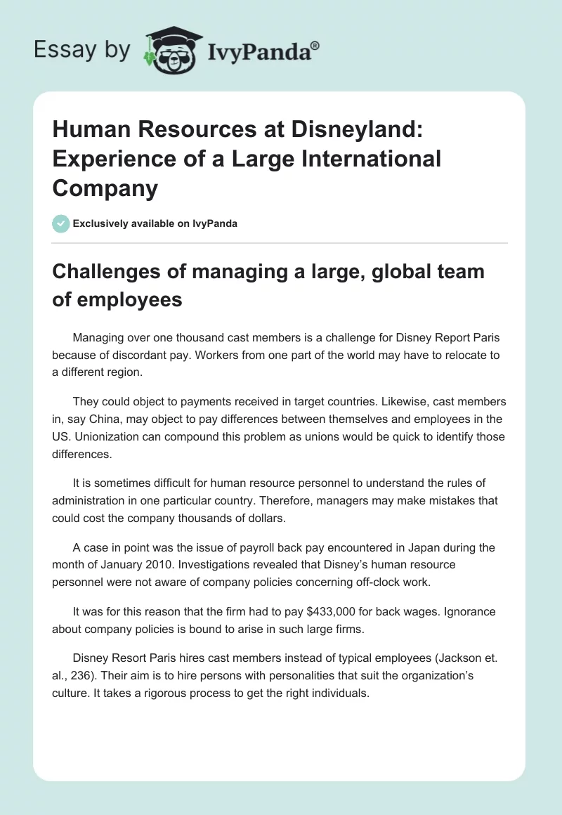 Human Resources at Disneyland: Experience of a Large International Company. Page 1