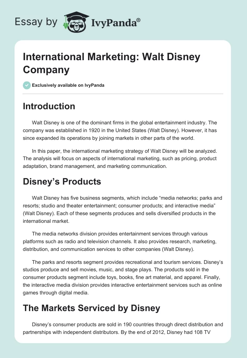 International Marketing: Walt Disney Company. Page 1