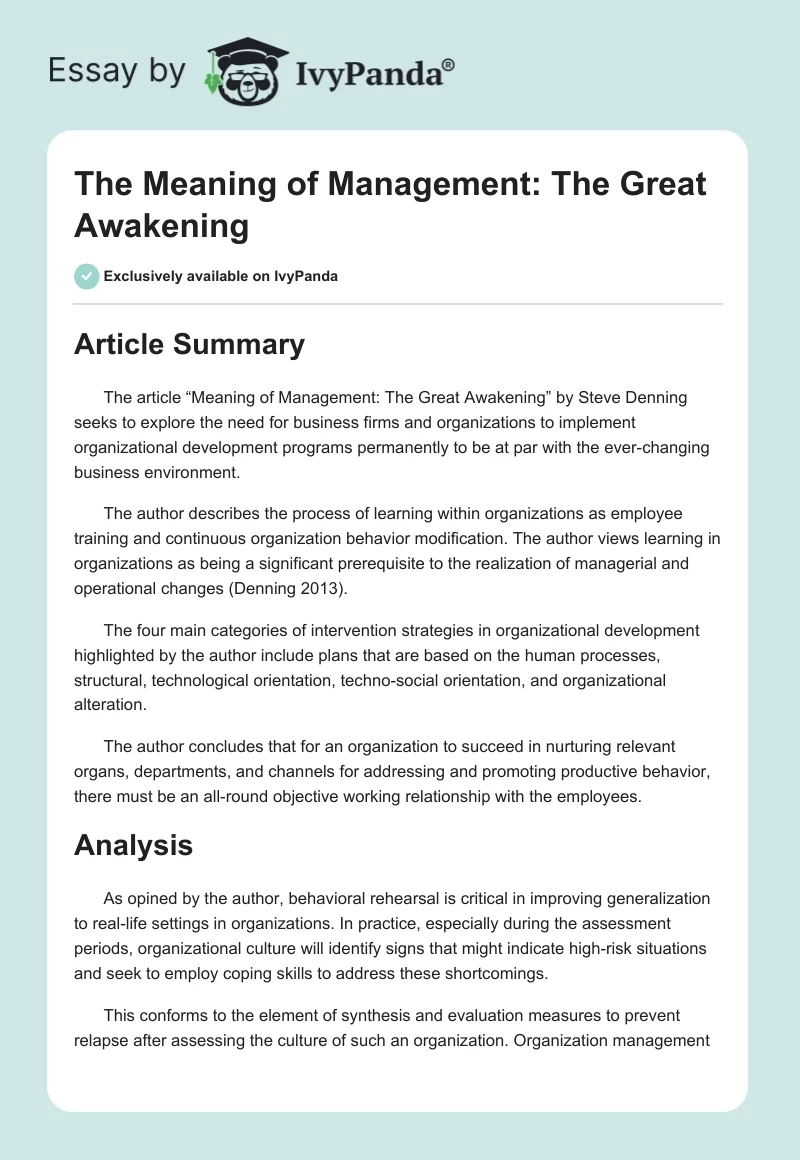 The Meaning of Management: The Great Awakening. Page 1
