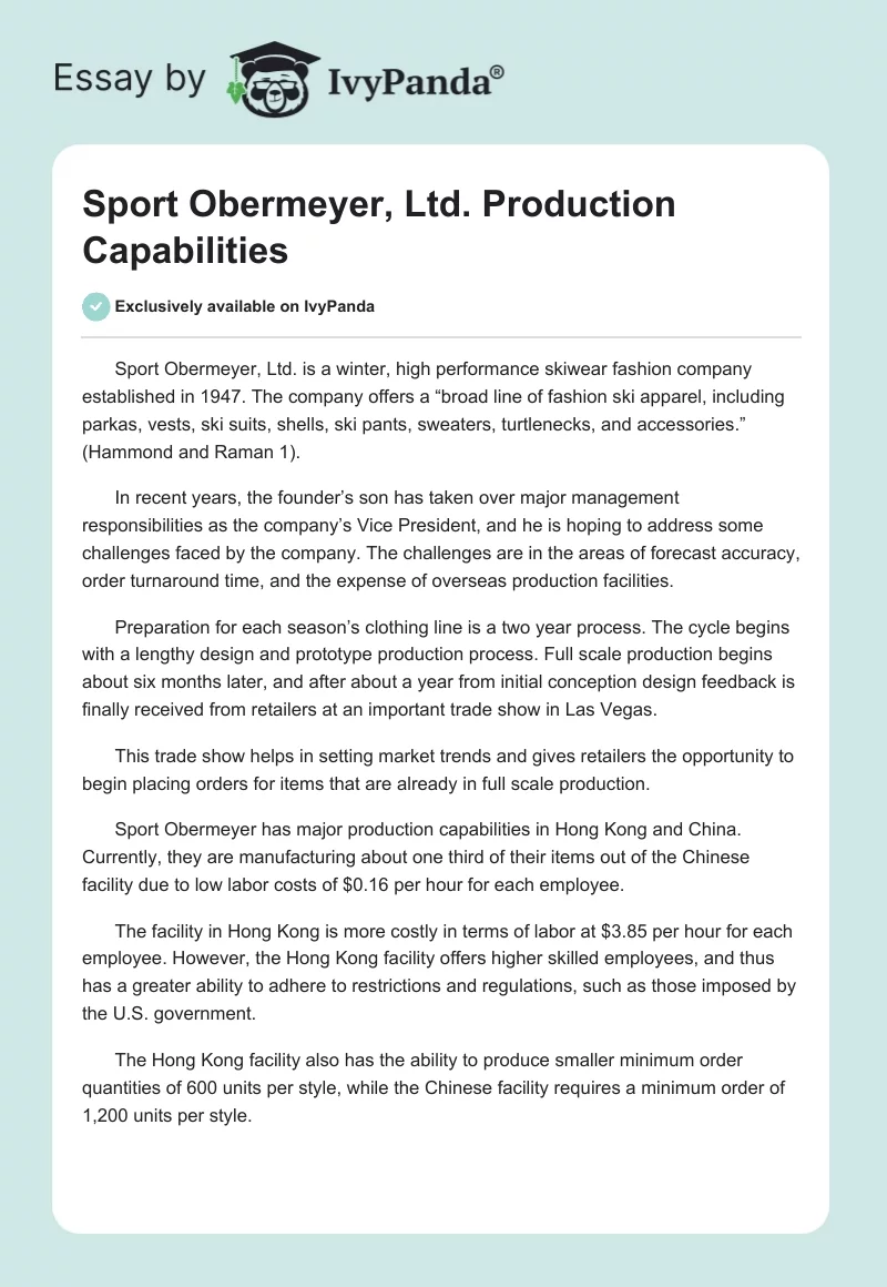 Sport Obermeyer, Ltd. Production Capabilities. Page 1