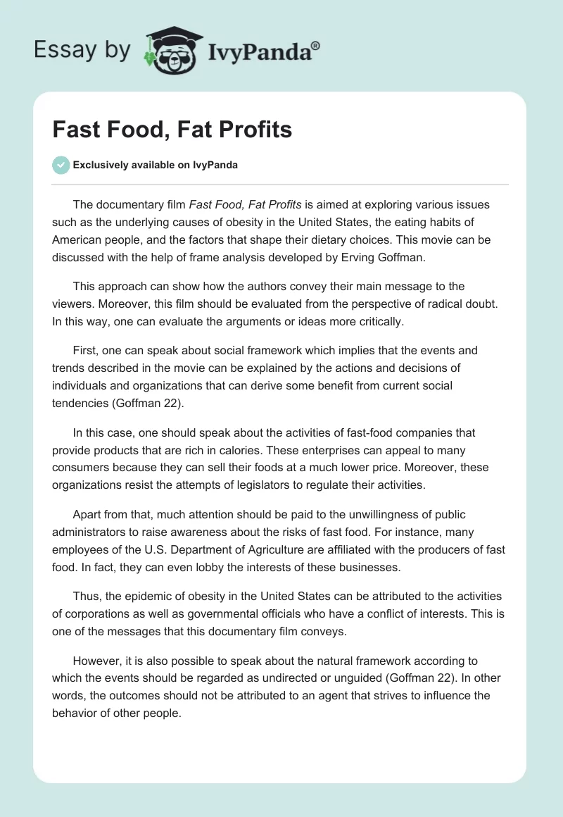 Analysis of the Documentary Fast Food, Fat Profits. Page 1