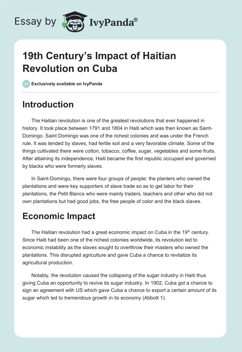 19th Century’s Impact of Haitian Revolution on Cuba. Page 1