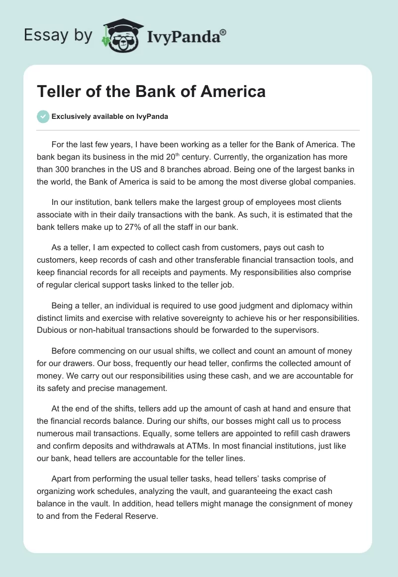 Teller of the Bank of America. Page 1