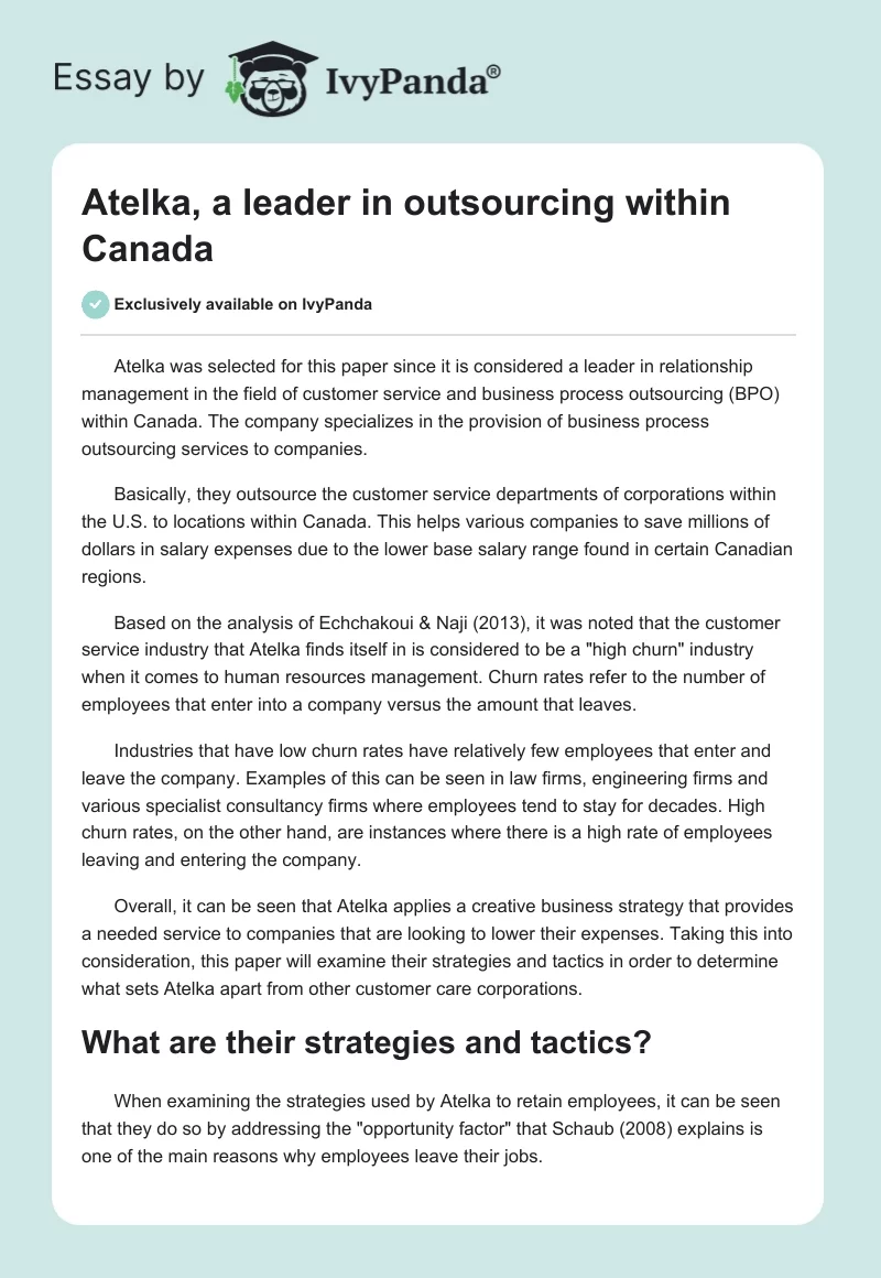 Atelka, a Leader in Outsourcing Within Canada. Page 1