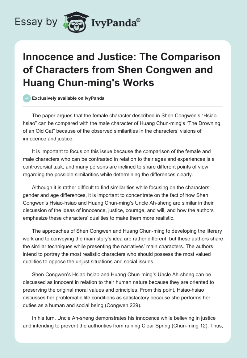 Innocence and Justice: The Comparison of Characters from Shen Congwen and Huang Chun-ming's Works. Page 1