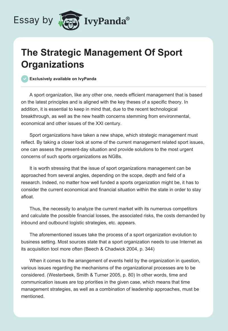 The Strategic Management Of Sport Organizations. Page 1