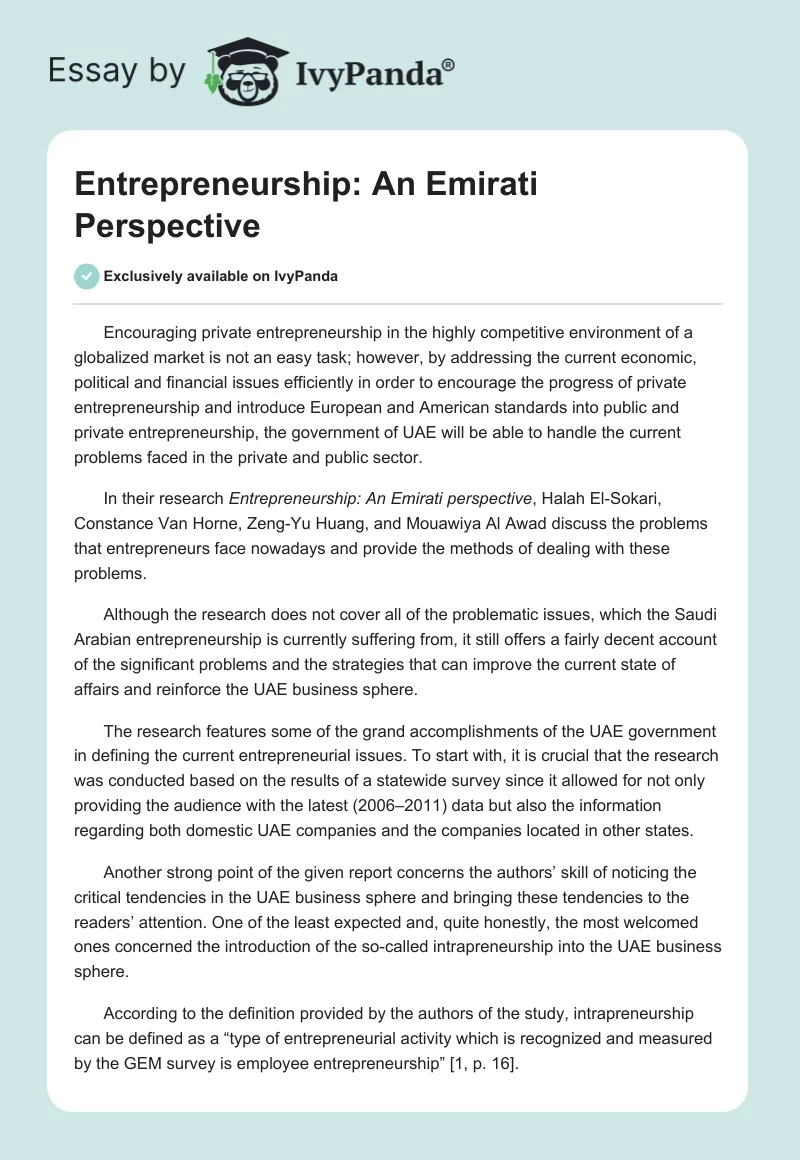 Entrepreneurship: An Emirati Perspective. Page 1