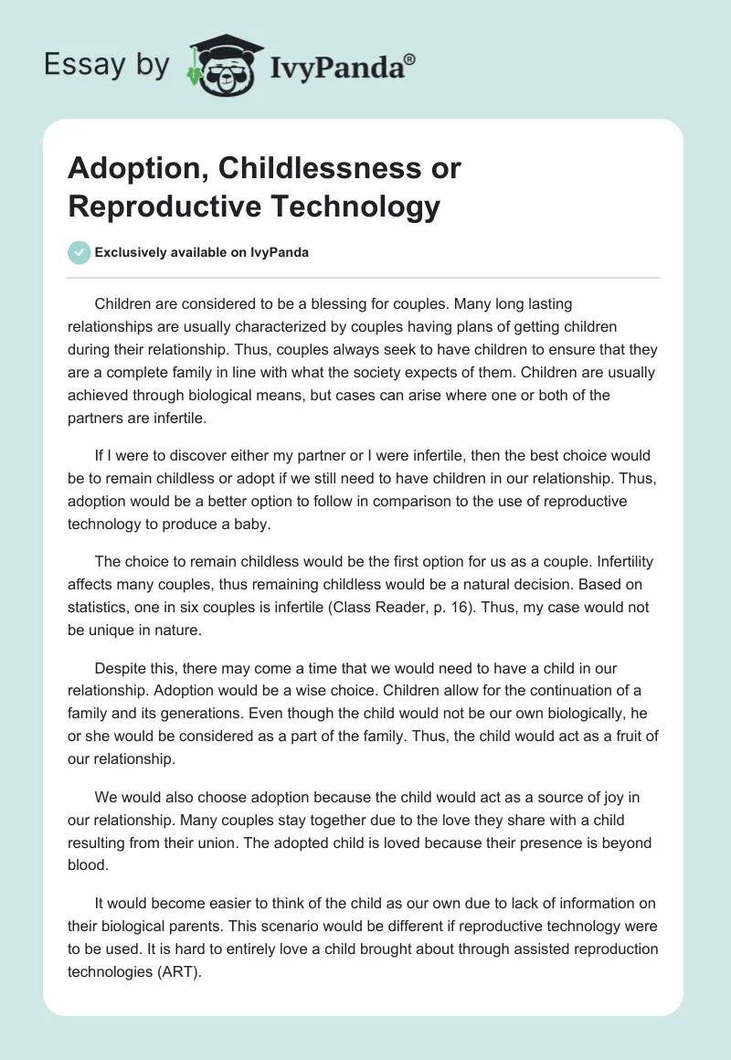 Adoption, Childlessness or Reproductive Technology. Page 1