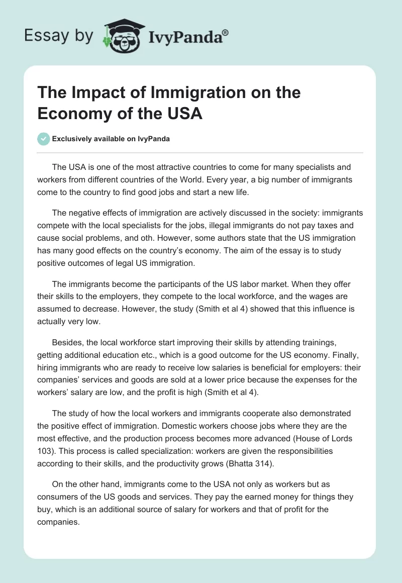 The Impact of Immigration on the Economy of the USA. Page 1