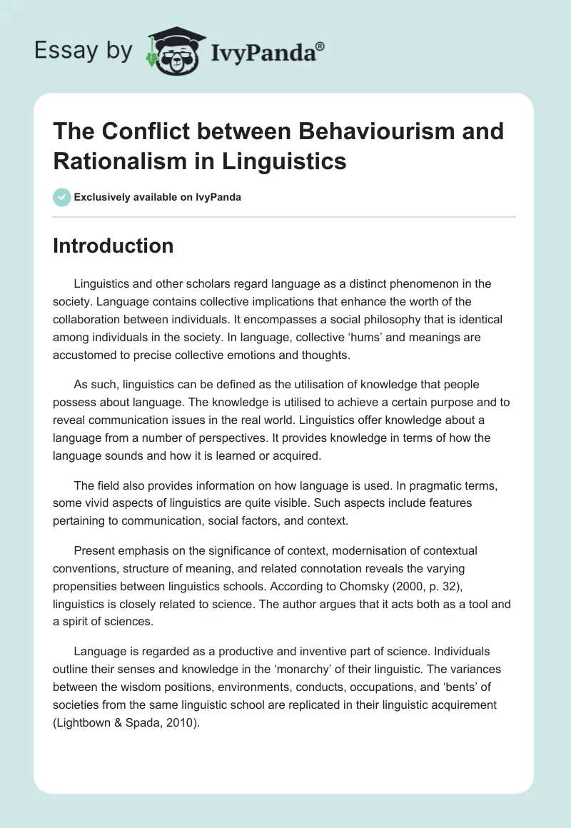 The Conflict Between Behaviourism and Rationalism in Linguistics. Page 1