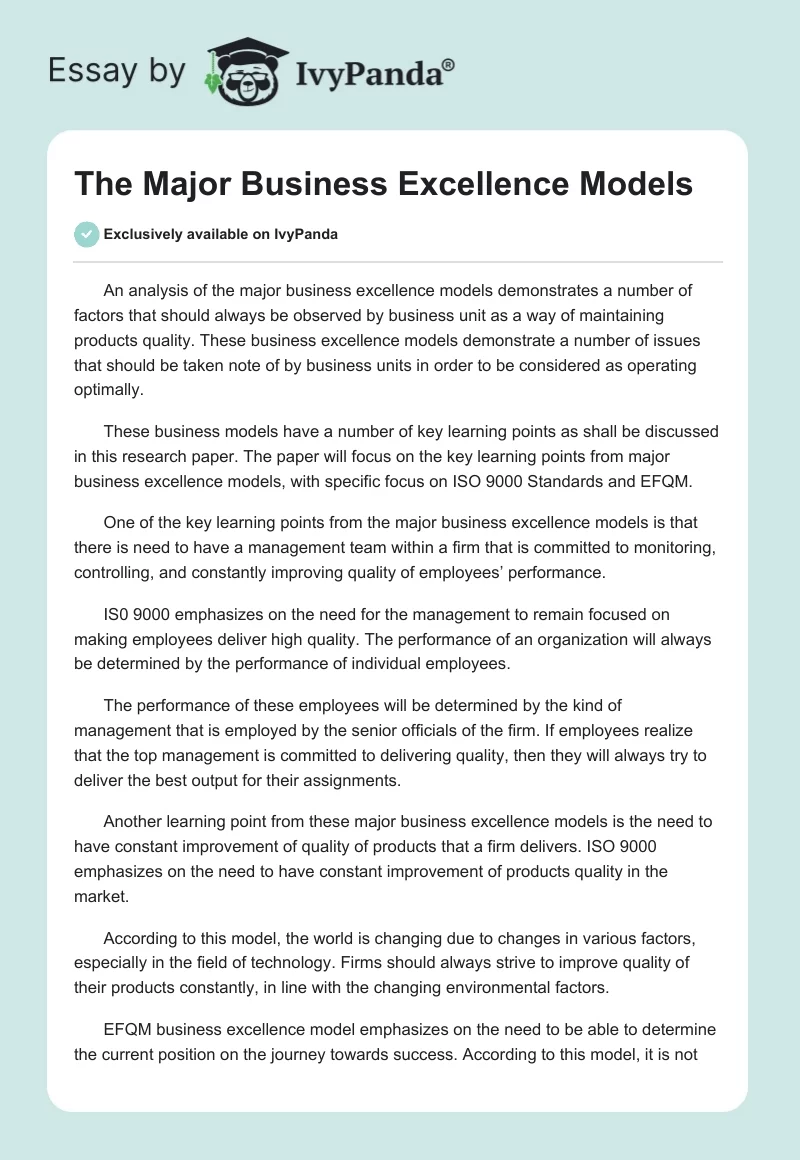 The Major Business Excellence Models. Page 1