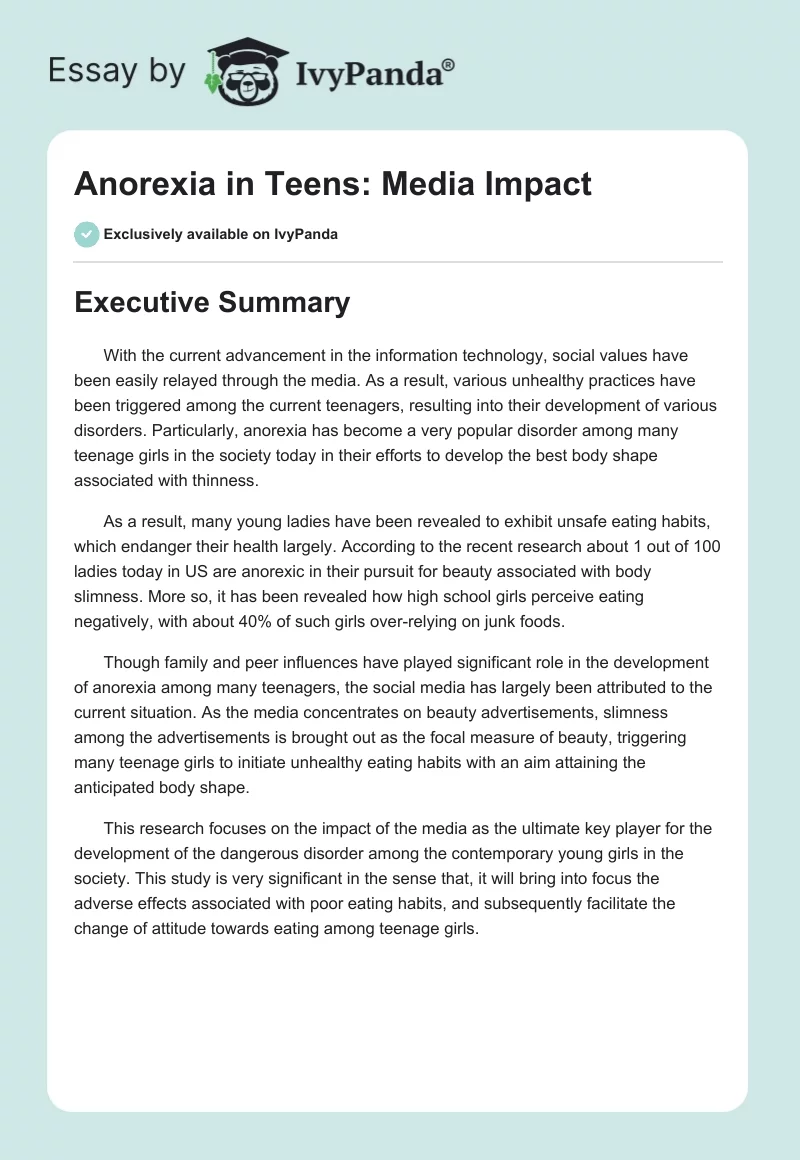 Anorexia in Teens: Media Impact. Page 1