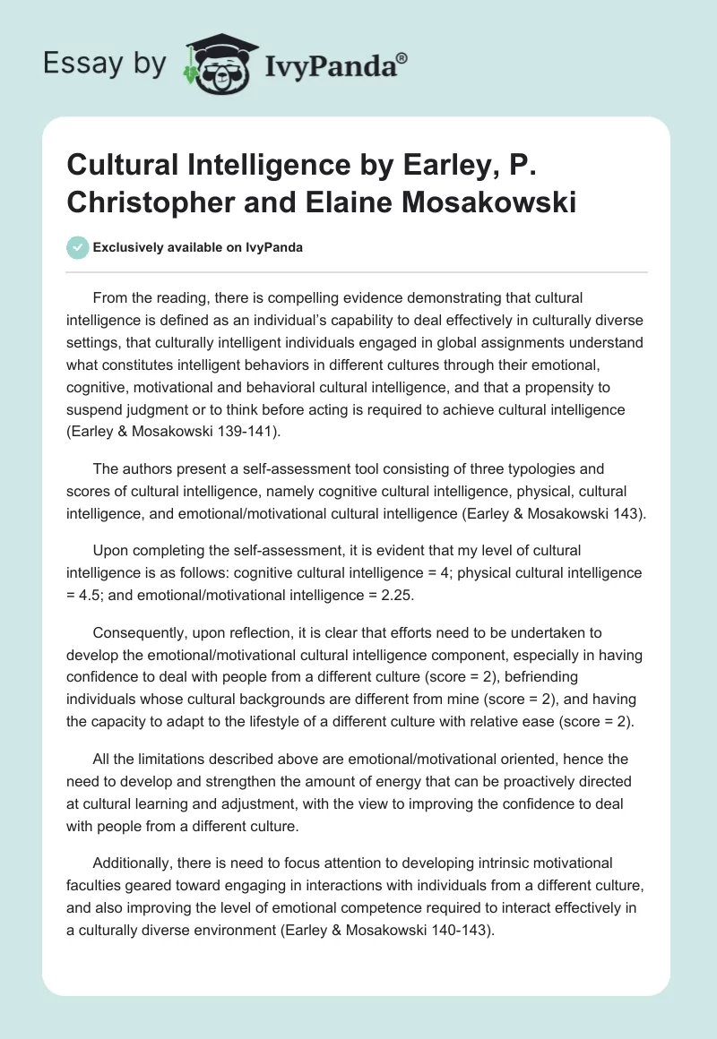 Cultural Intelligence by Earley, P. Christopher and Elaine Mosakowski. Page 1