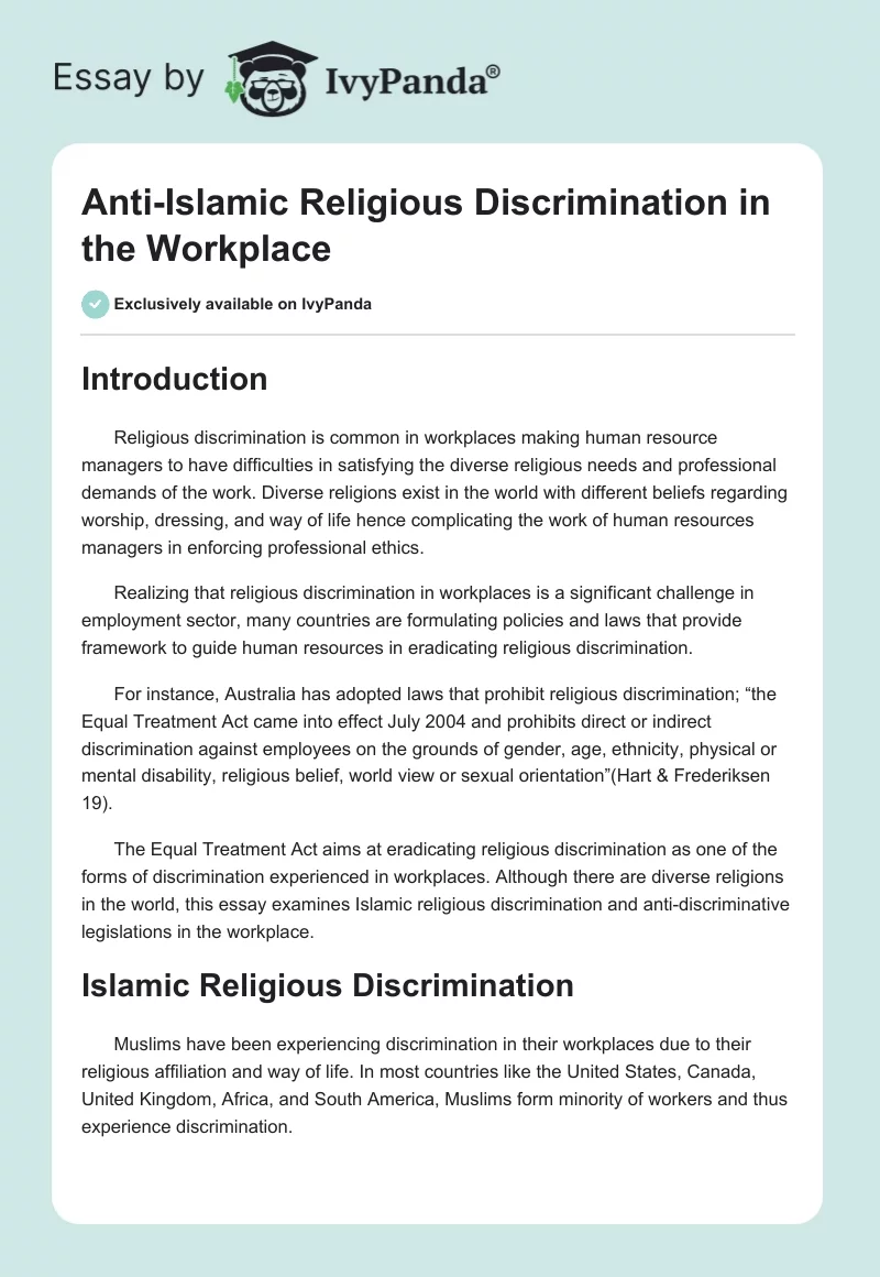Anti-Islamic Religious Discrimination in the Workplace. Page 1