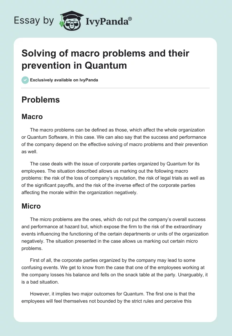 Solving of macro problems and their prevention in Quantum. Page 1