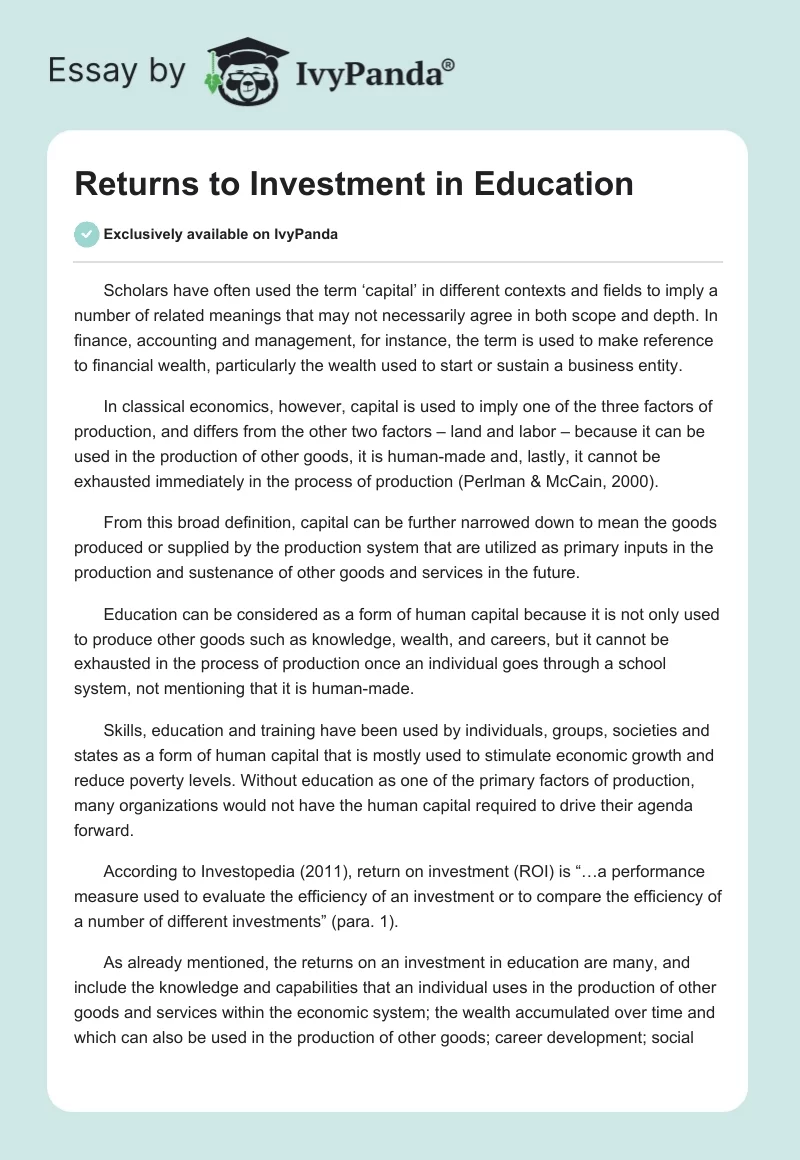 Returns to Investment in Education. Page 1
