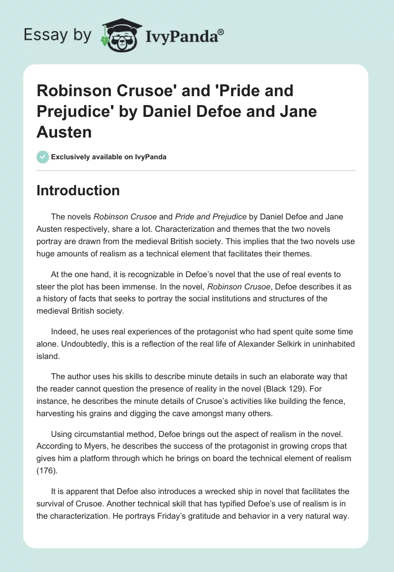 Robinson Crusoe' and 'Pride and Prejudice' by Daniel Defoe and Jane Austen. Page 1