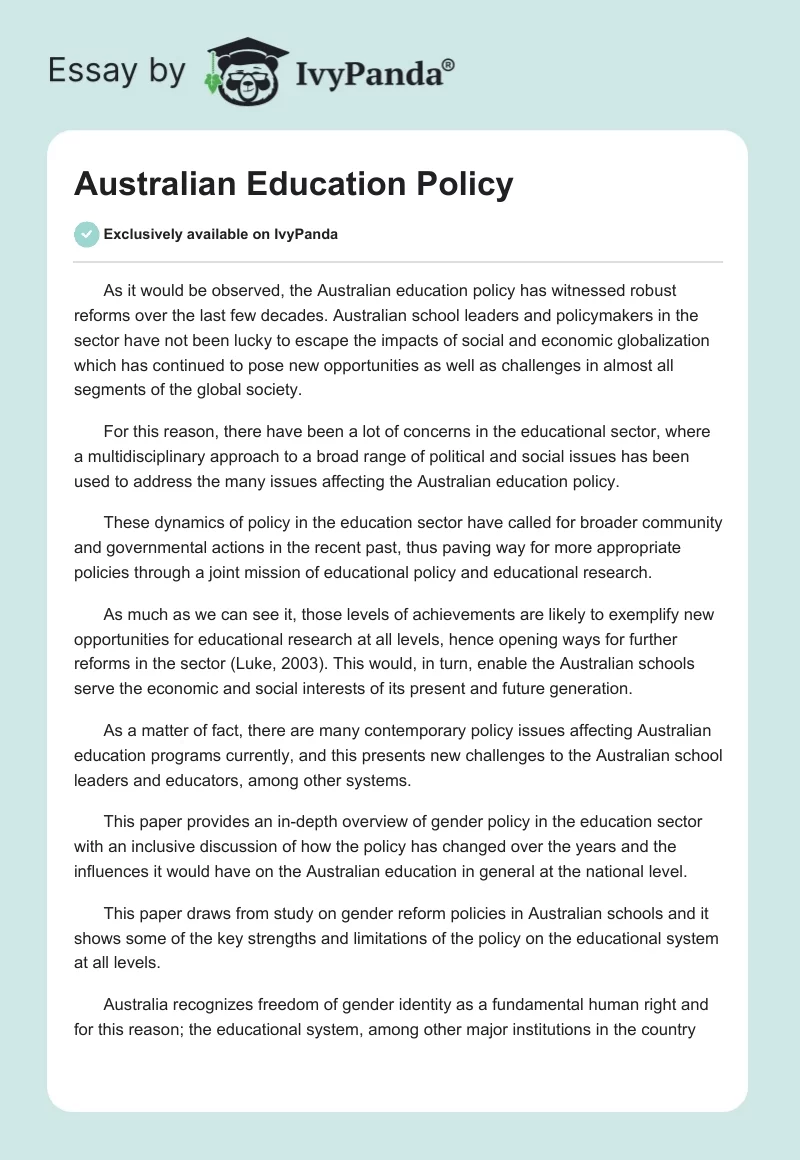 Australian Education Policy. Page 1
