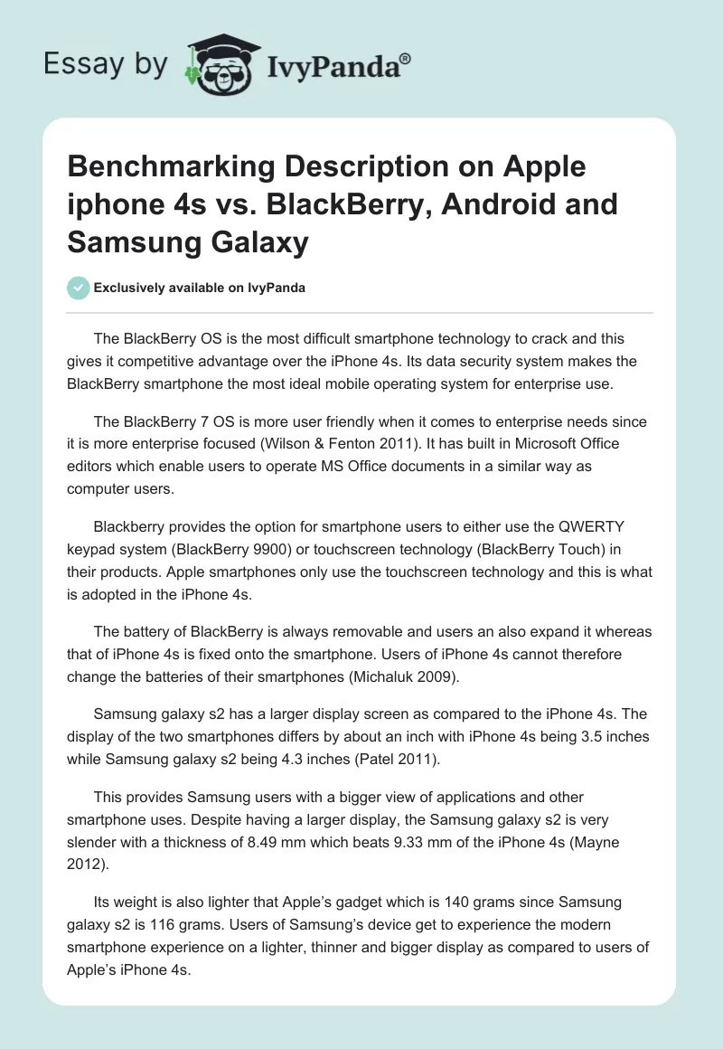 Benchmarking Description on Apple iphone 4s vs. BlackBerry, Android and Samsung Galaxy. Page 1