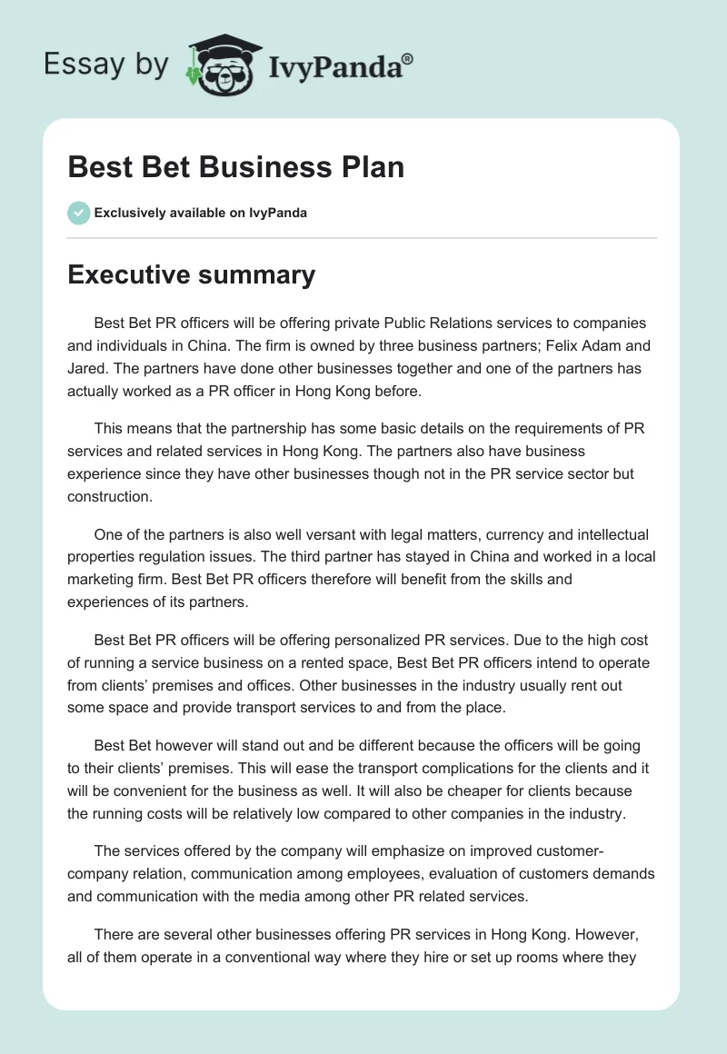 Best Bet Business Plan. Page 1