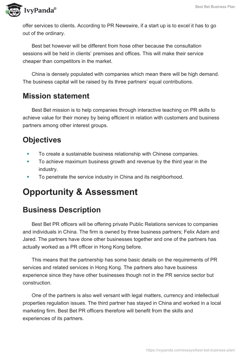 Best Bet Business Plan. Page 2