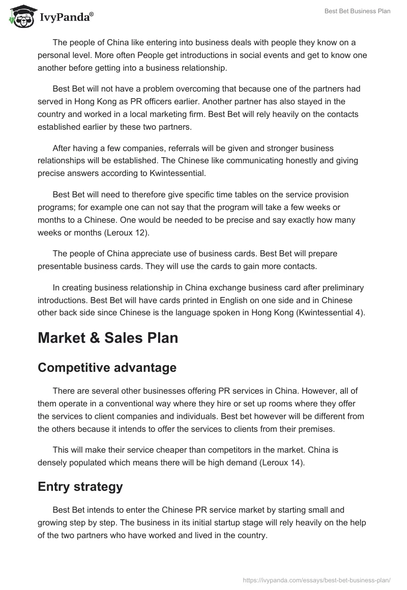 Best Bet Business Plan. Page 4
