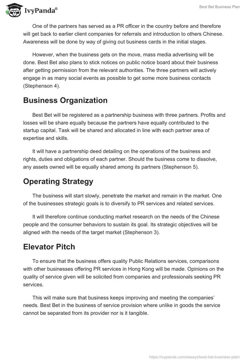 Best Bet Business Plan. Page 5