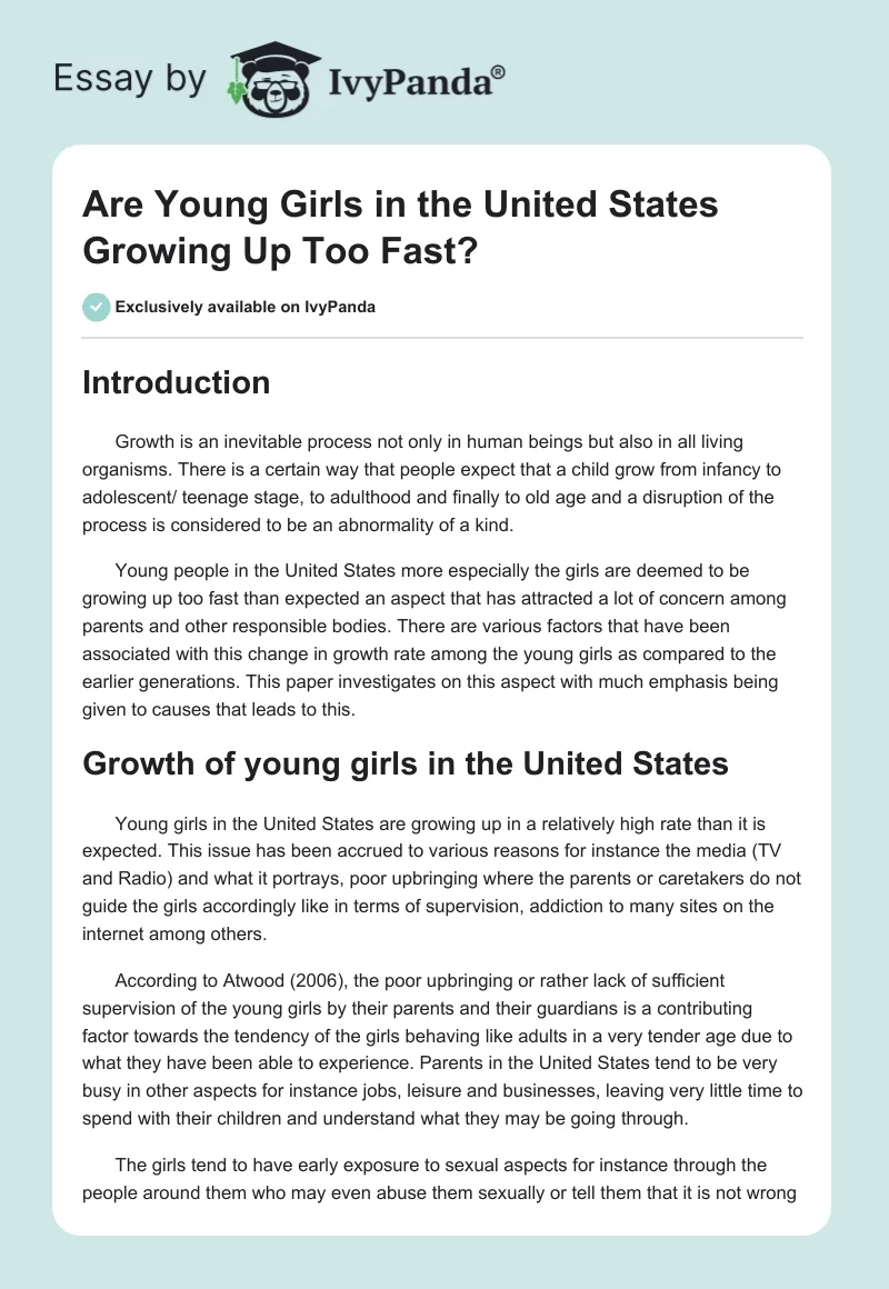 Are Young Girls in the United States Growing Up Too Fast?. Page 1