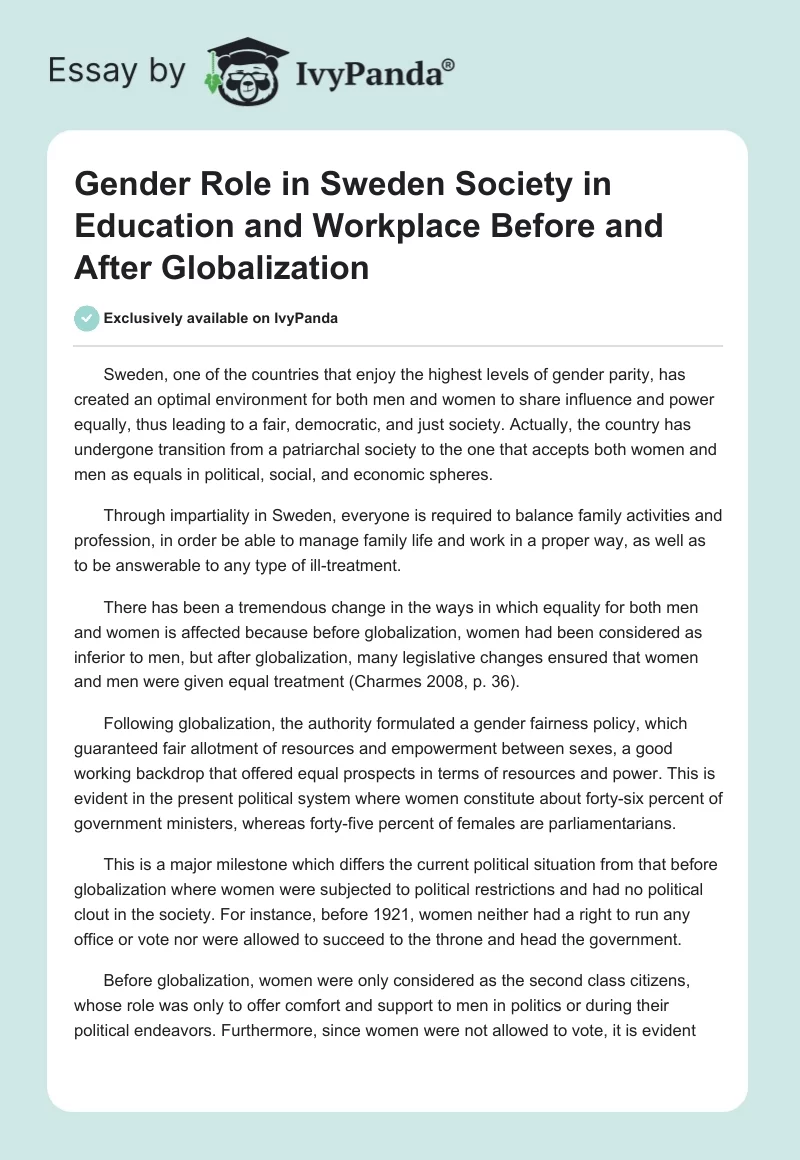 Gender Role in Sweden Society in Education and Workplace Before and After Globalization. Page 1