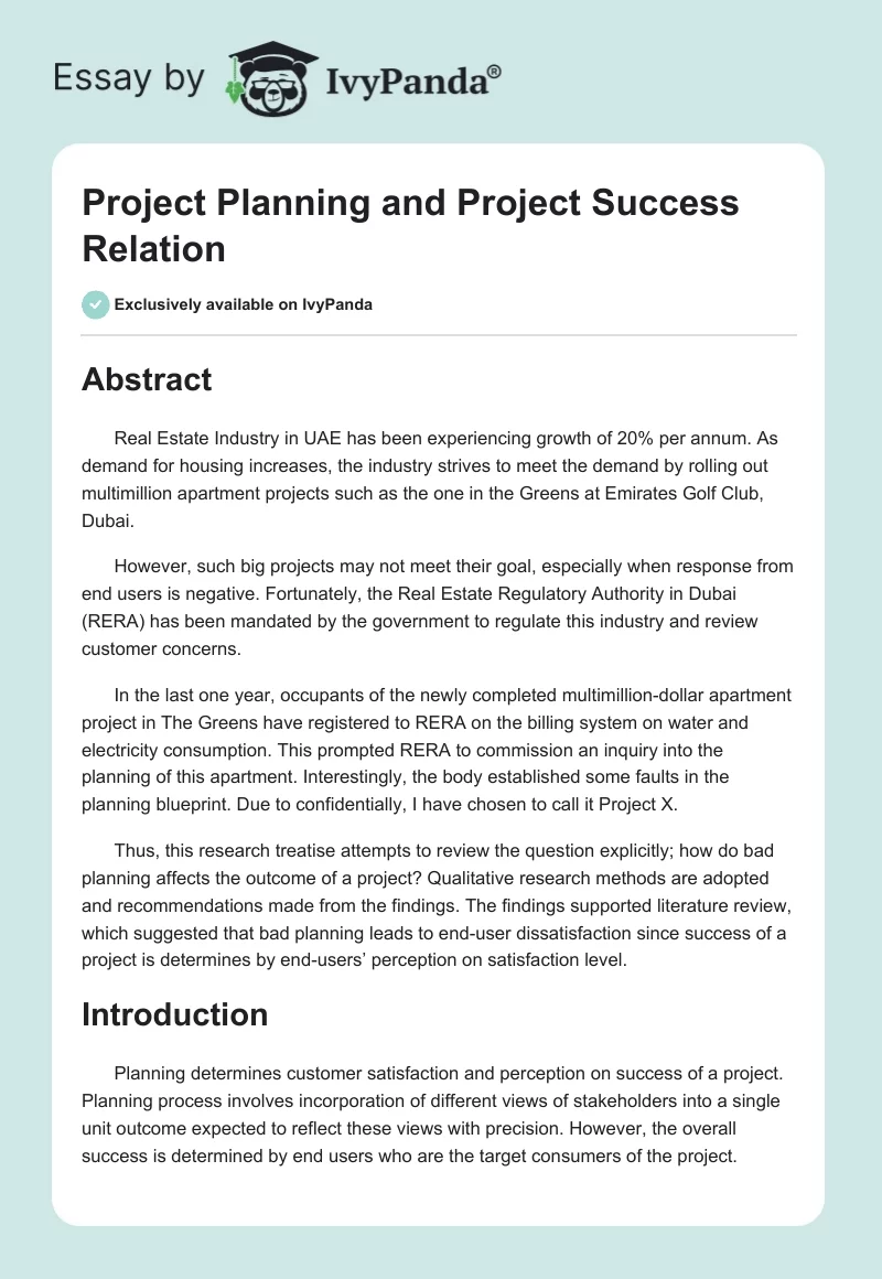 Project Planning and Project Success Relation. Page 1