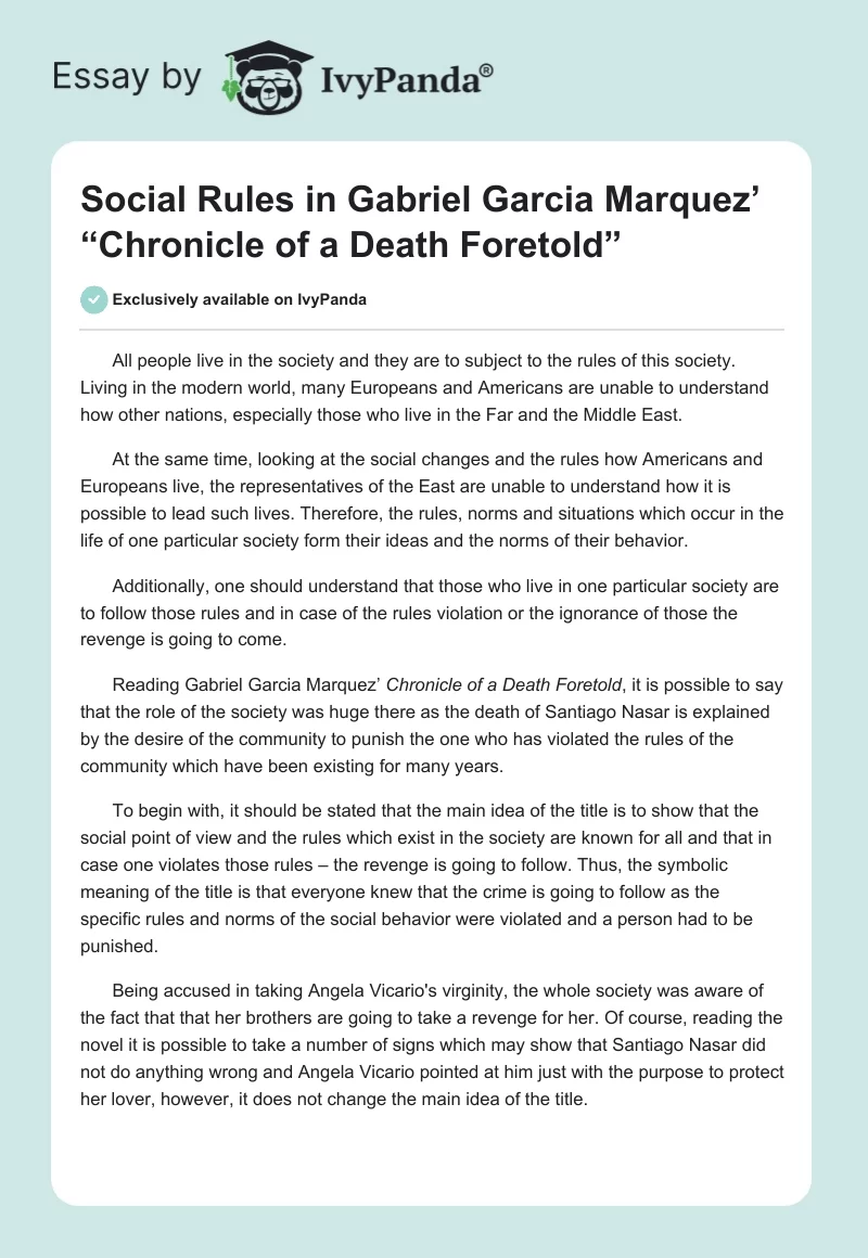 Social Rules in Gabriel Garcia Marquez’ “Chronicle of a Death Foretold”. Page 1