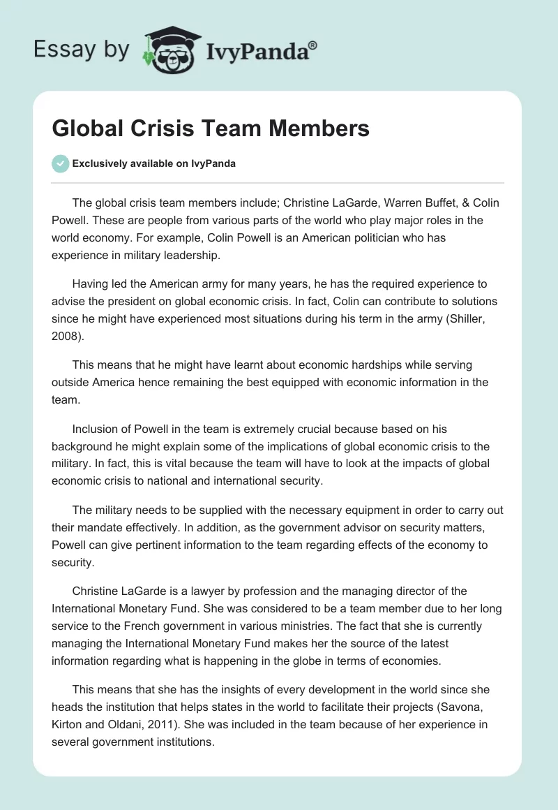 Global Crisis Team Members. Page 1