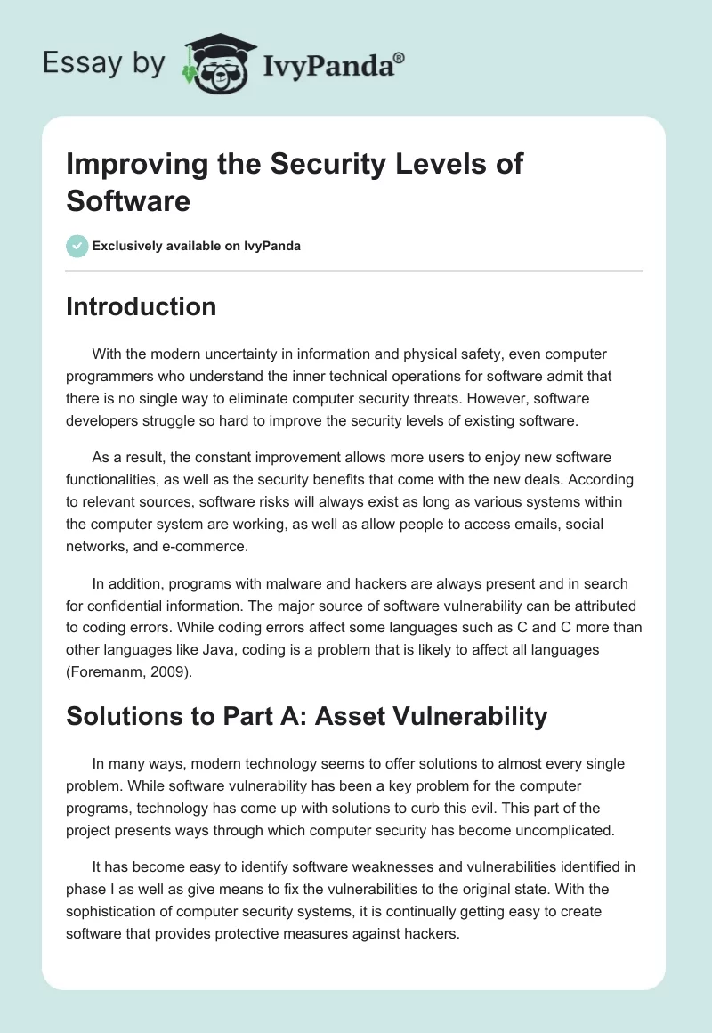 Improving the Security Levels of Software. Page 1