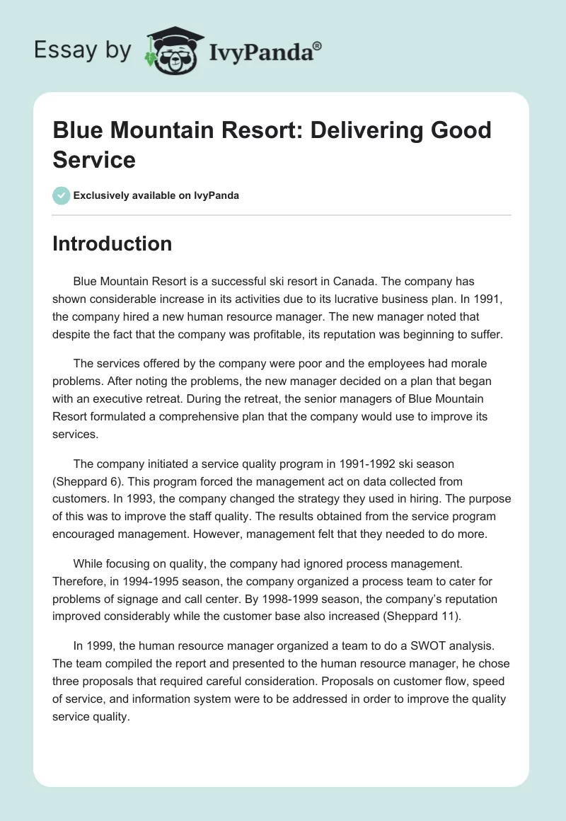 Blue Mountain Resort: Delivering Good Service. Page 1
