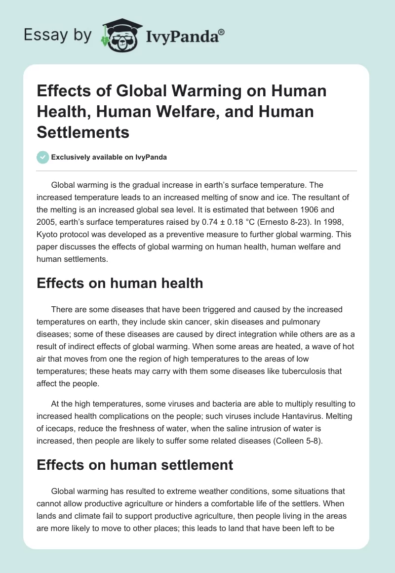 Effects of Global Warming on Human Health, Human Welfare, and Human Settlements. Page 1