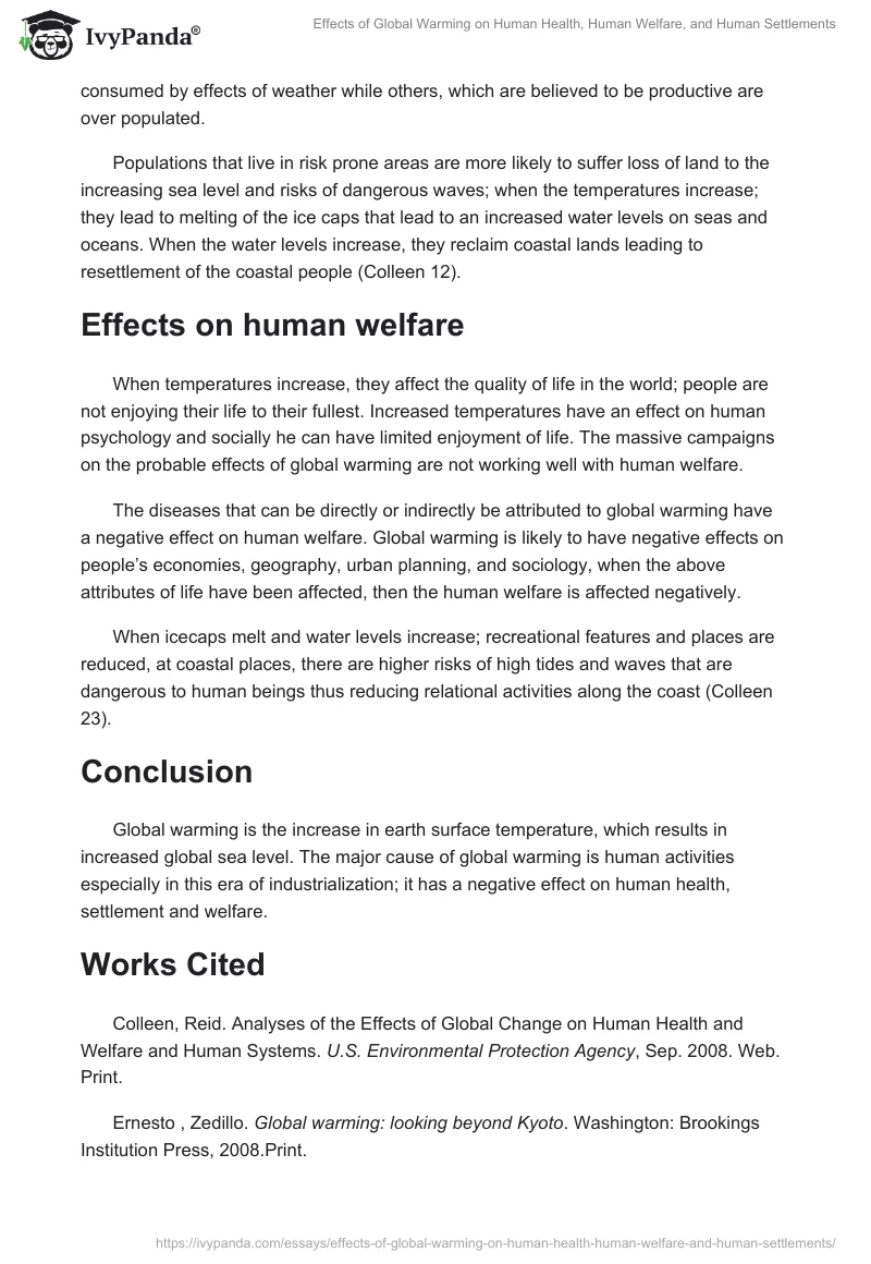 Effects of Global Warming on Human Health, Human Welfare, and Human Settlements. Page 2