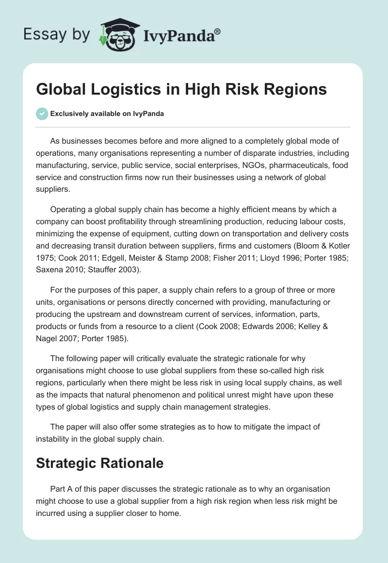Global Logistics in High Risk Regions. Page 1