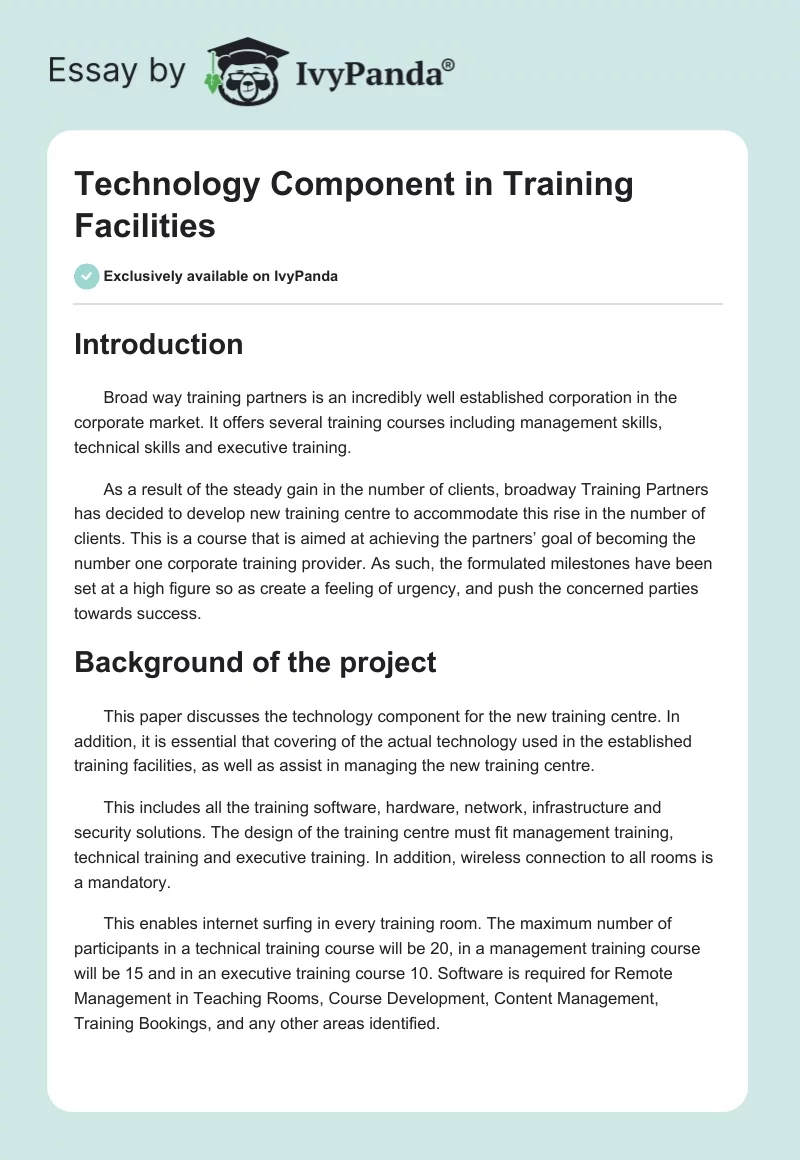 Technology Component in Training Facilities. Page 1