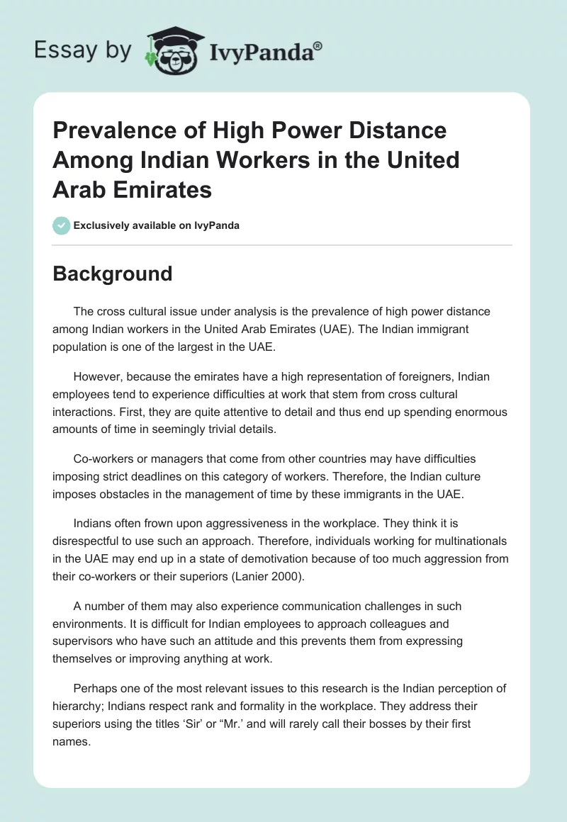 Prevalence of High Power Distance Among Indian Workers in the United Arab Emirates. Page 1