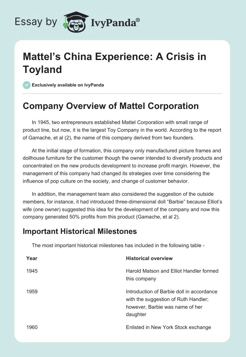 Mattel’s China Experience: A Crisis in Toyland. Page 1