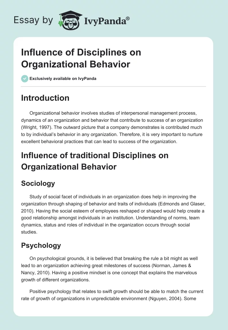 Influence of Disciplines on Organizational Behavior. Page 1