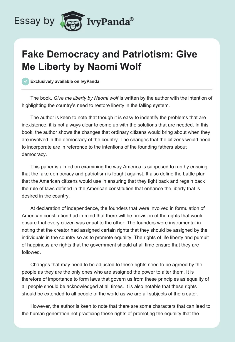 Fake Democracy and Patriotism: "Give Me Liberty" by Naomi Wolf. Page 1
