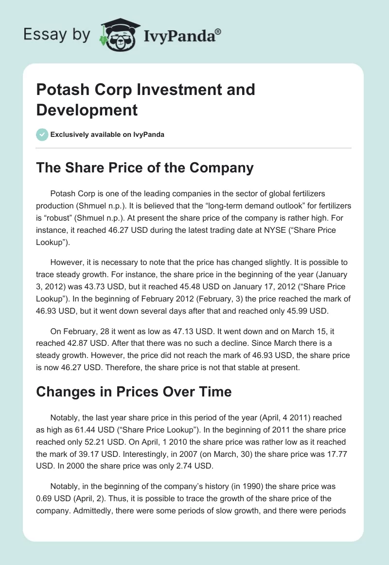 Potash Corp Investment and Development. Page 1